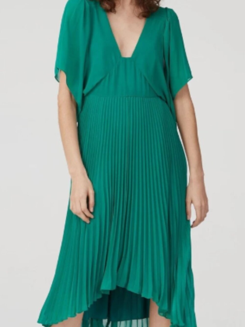 Club Monaco "Zorbina" Emerald Green Pleated Flutter-Sleeve Midi Dress Size 0